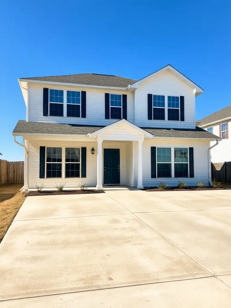 A freshly power-washed home exterior in Orange, TX, Texas, with bright siding, clean windows, and a spotless driveway, under a sunny sky.