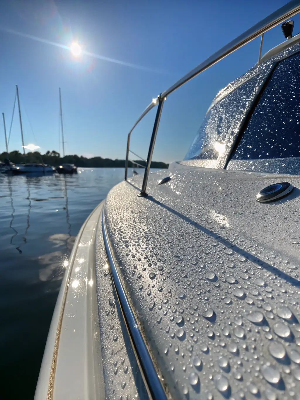 A gleaming RV and a polished boat parked side by side, both with spotless exteriors and shining surfaces, ready for travel or leisure.