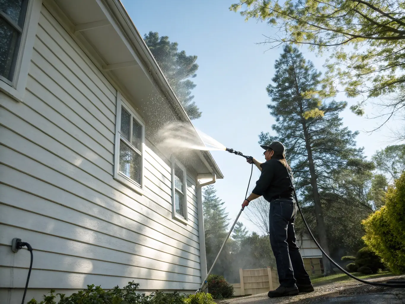 A professional technician power washing the exterior of a modern suburban home, with water spray visibly removing dirt and grime, under bright Texas sunlight, showcasing a dramatic before-and-after effect.