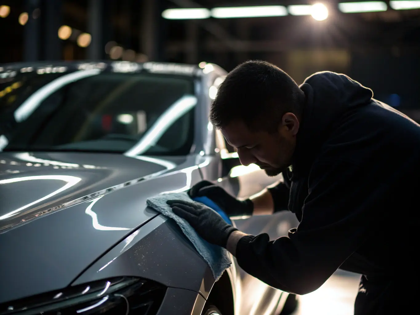 A close-up of a sparkling clean car being detailed by hand, with a technician using a microfiber cloth and professional tools, set in a residential driveway in Orange, TX, Texas.