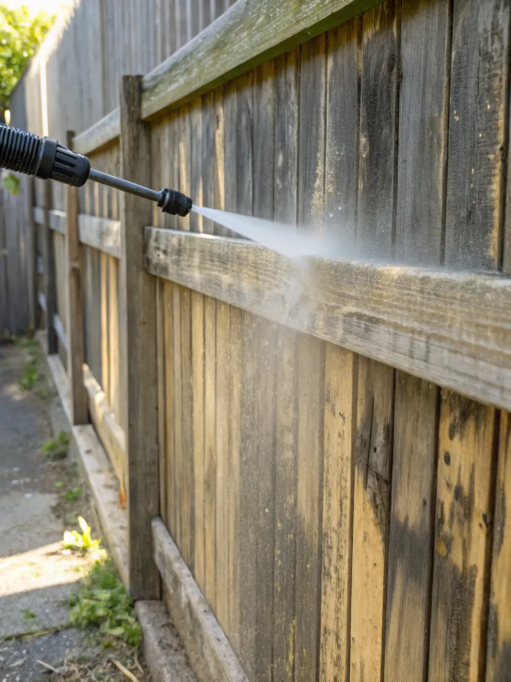A wooden fence and deck with rich, natural color, freshly pressure washed, surrounded by a tidy backyard and green lawn.