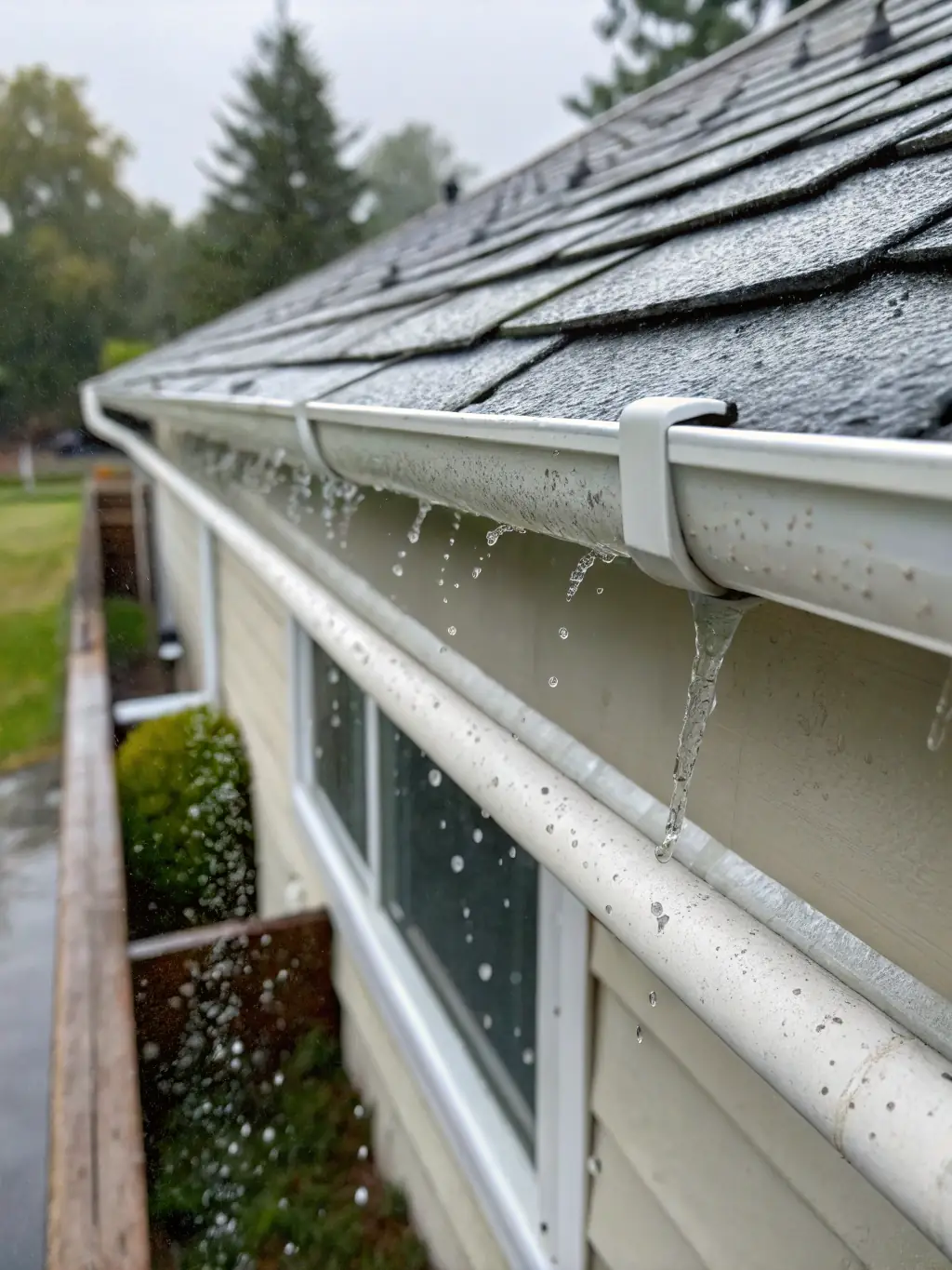 A clean roof with debris-free gutters on a suburban house, highlighting the difference between treated and untreated areas.